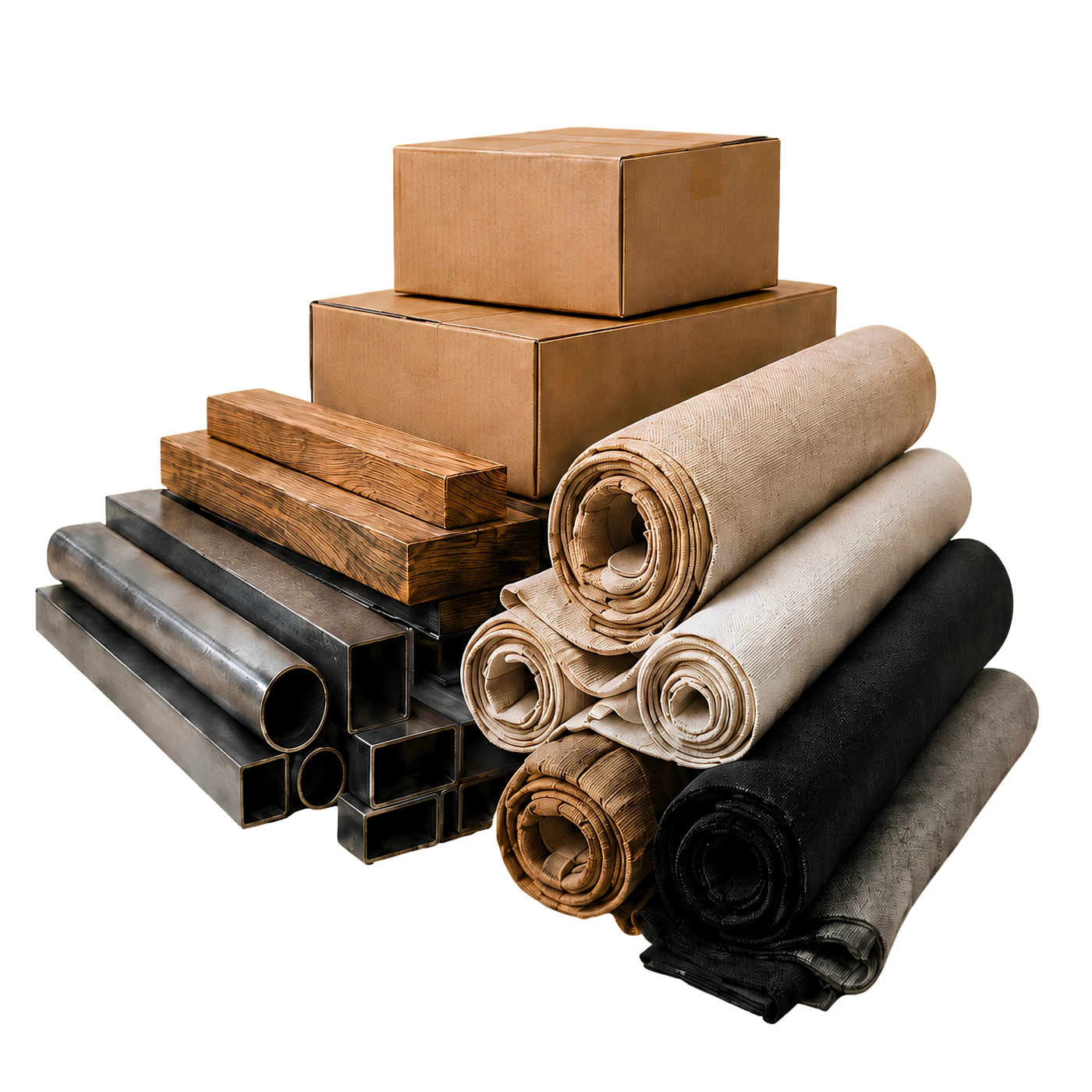Cajas, madera, perfiles de metal y rollos de tela en un mismo pedido